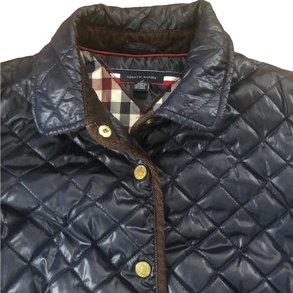 Tommy Hilfiger Navy Diamond Quilted Snap Up Jacket Sz M Corduroy Cuff Collar - Picture 2 of 7